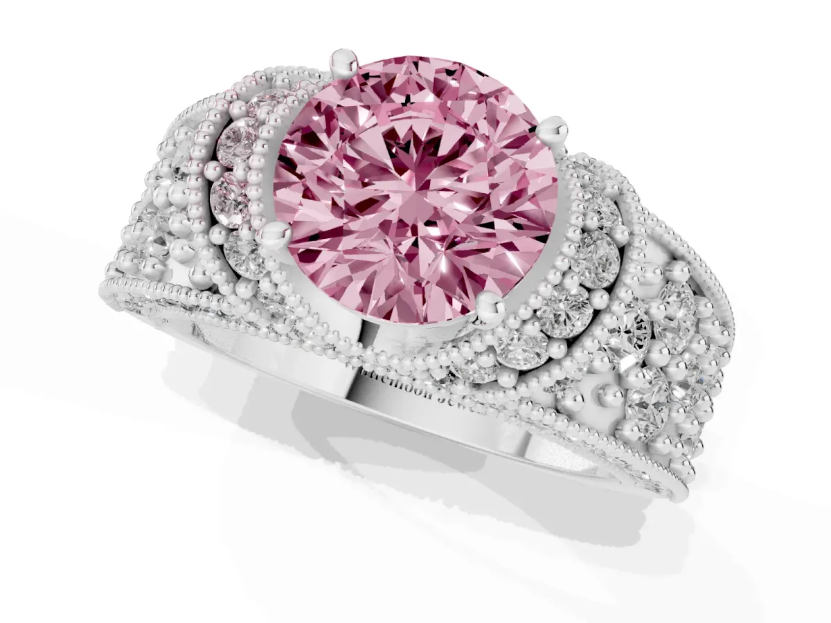 Fancy Pink Round Cut Halo Pave Diamond Engagement Ring with Milgrain Detailing Silver