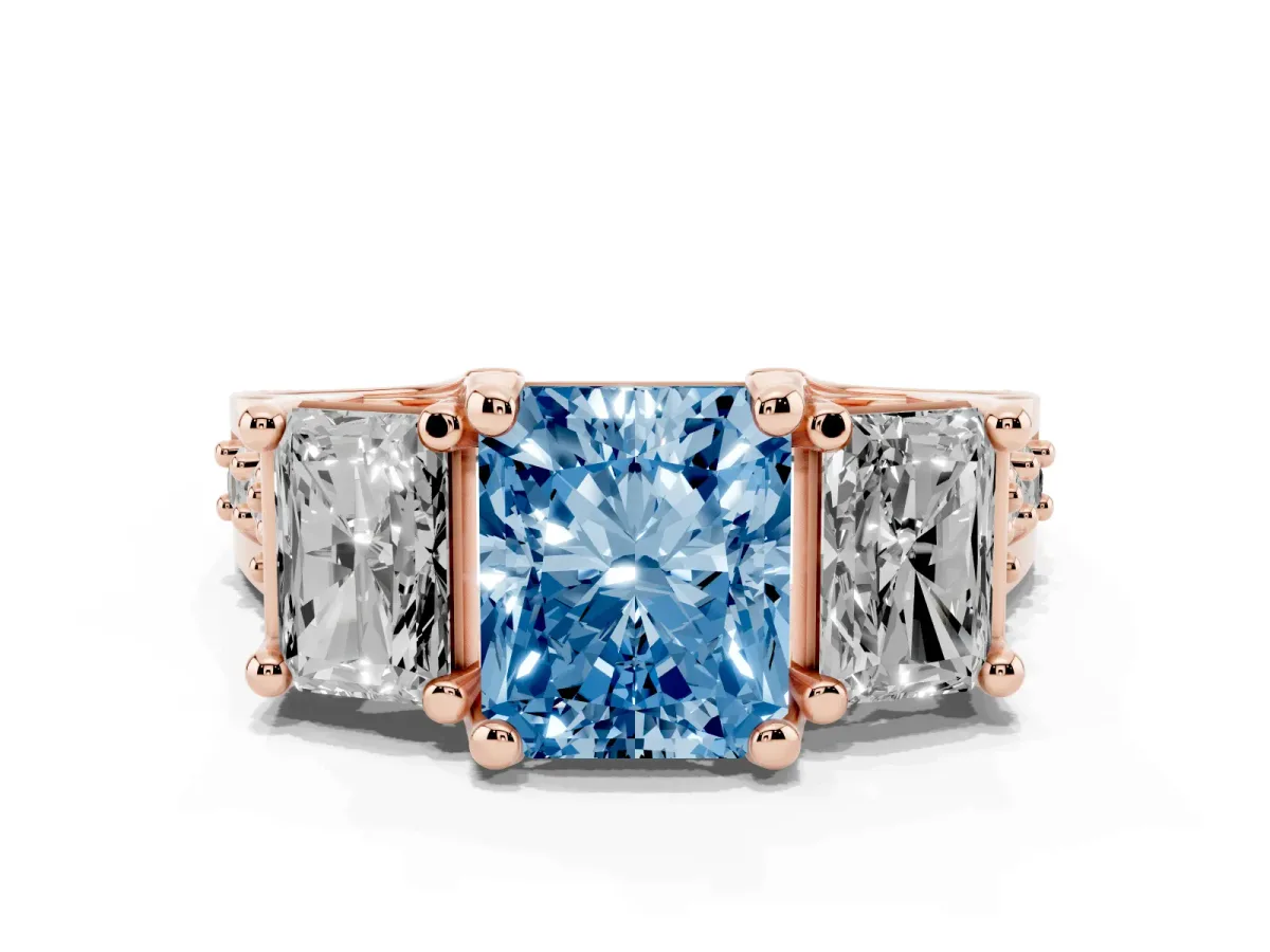 Fancy Blue Radiant Cut Diamond Three-Stone Ring with Channel Set Band and Four-Prong Setting Rose gold