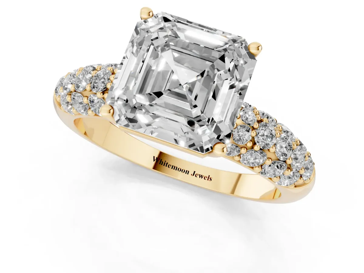 Asscher Cut Diamond Pavé Band Solitaire Ring with Four-Prong Setting Yellow gold