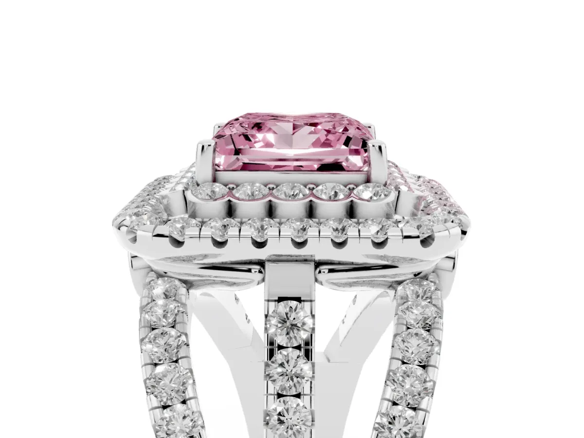 Fancy Pink Princess Cut Diamond Double Halo Ring with Round Pavé Split Shank and Prong Setting Silver