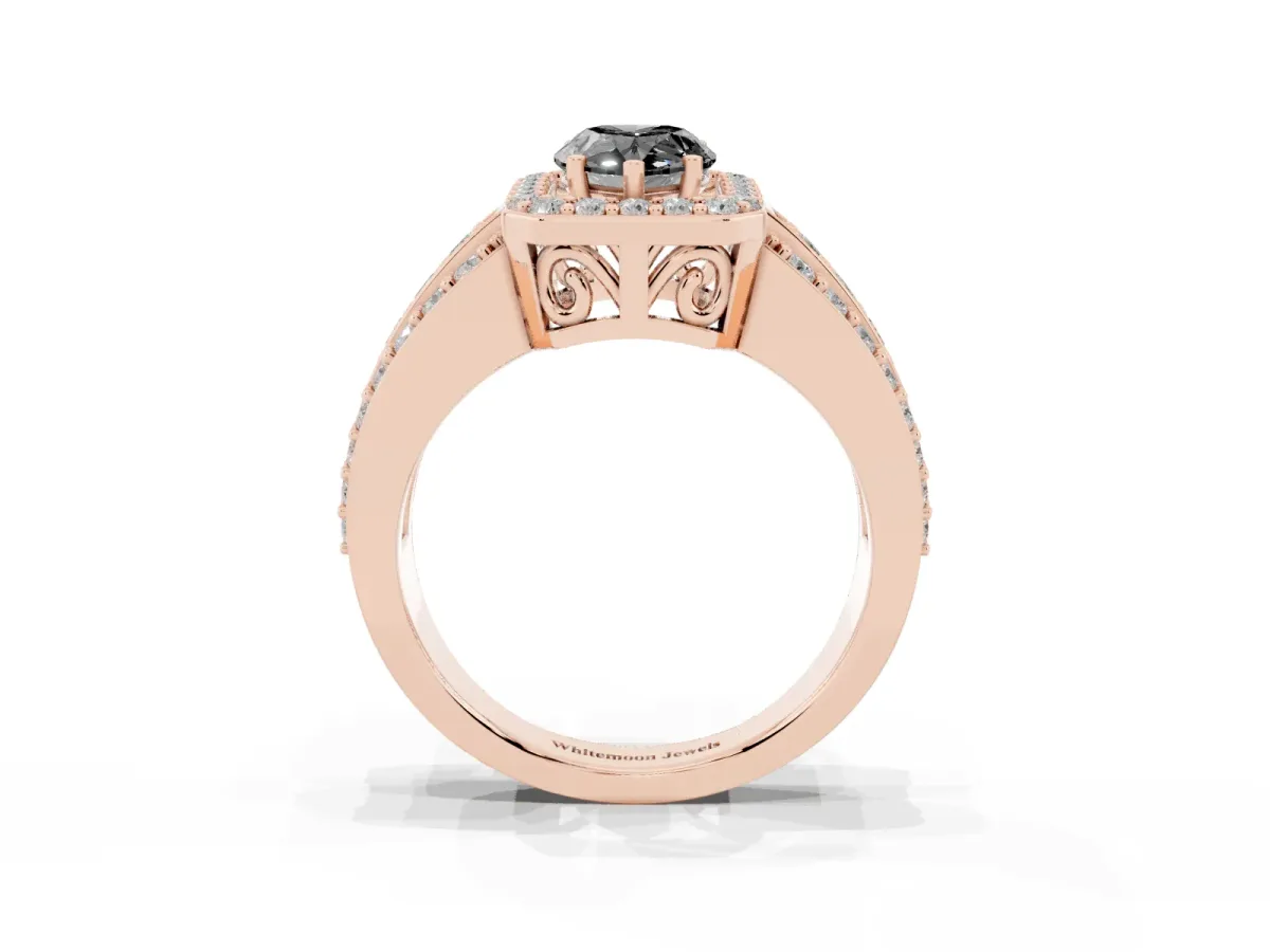 Fancy Black Pear Cut Halo Diamond Ring with Round Split Shank and Prong Setting Rose gold