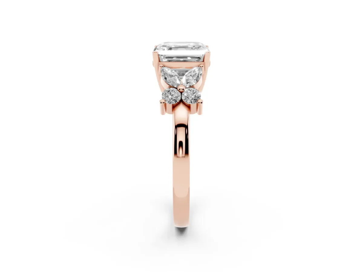 Asscher Cut Diamond Floral Cluster Ring with Solitaire Band and Prong Setting Rose gold