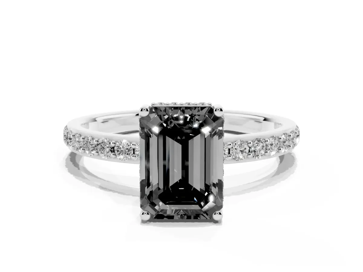 Fancy Black Emerald Cut Diamond Solitaire Ring with Pavé Band and Hidden Halo Silver