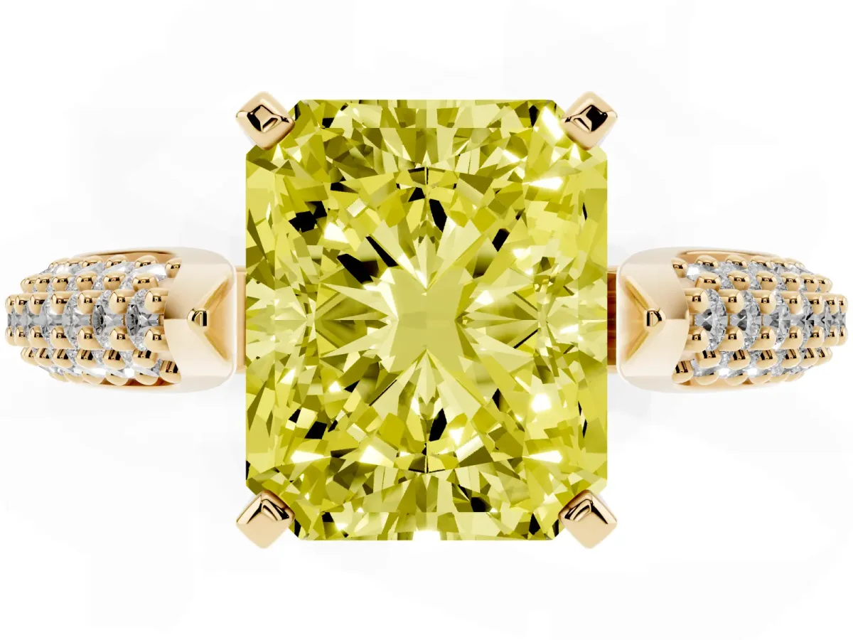 Fancy Yellow Radiant Cut Diamond Solitaire Engagement Ring with Multi-Row Round Pavé Band and Prong Setting Yellow gold