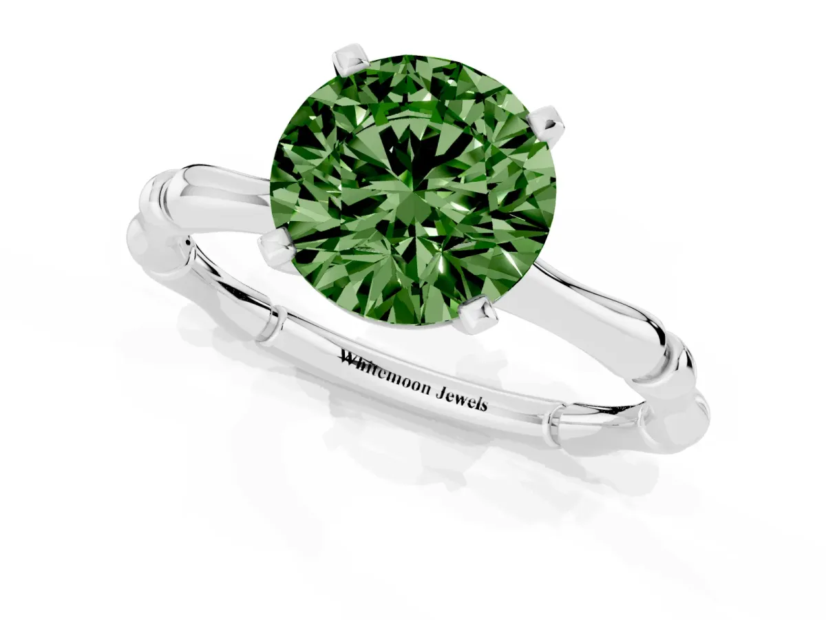 Fancy Green Round Cut Solitaire Diamond Ring with Bamboo Band and Four-Prong Setting Silver