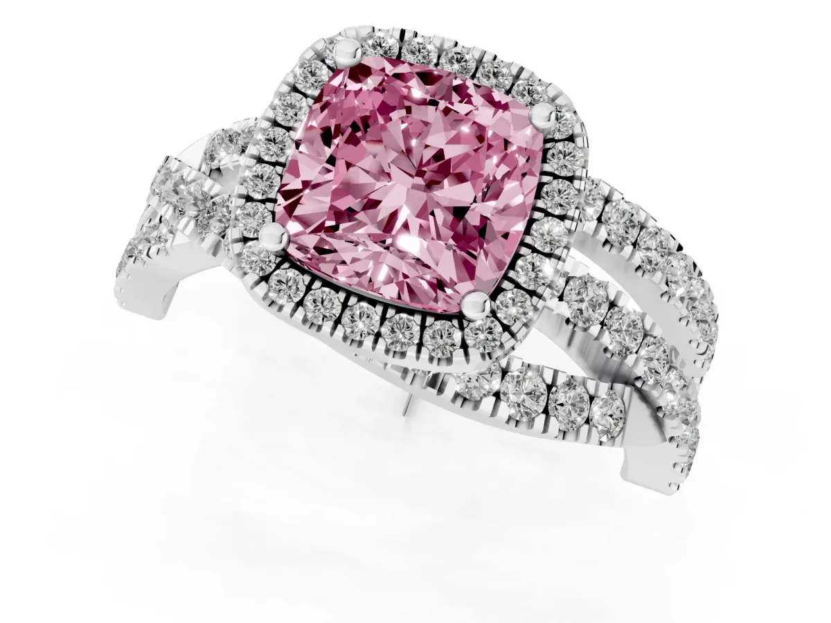 Fancy Pink Cushion Cut Diamond Halo Ring with Round Split Shank and Prong Setting Platinum