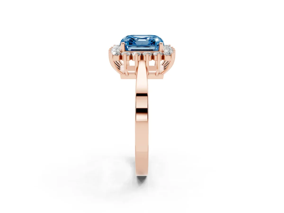 Fancy Blue Asscher Cut Cut Diamond Halo Ring with Round Brilliant Halo and Solitaire Band Rose gold