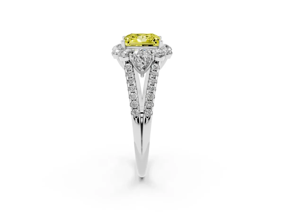 Fancy Yellow Princess Cut Halo Split Shank Diamond Engagement Ring with Prong Setting White gold