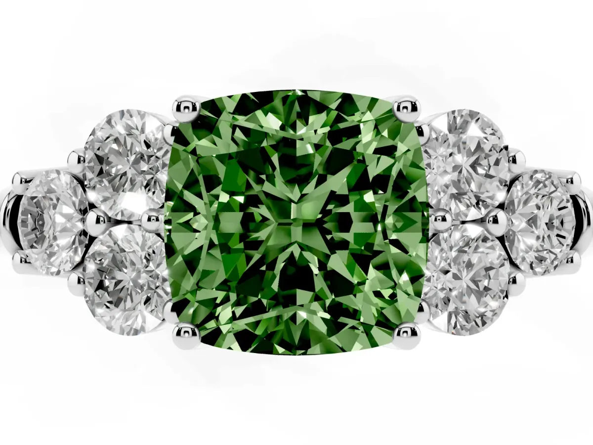Fancy Green Cushion Cut Cut Diamond Cluster Ring with Round Accent Stones and Prong Setting on a Classic Band White gold