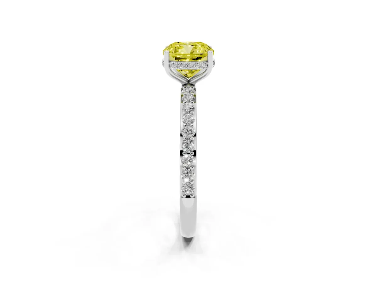 Fancy Yellow Cushion Cut Diamond Solitaire Ring with Pavé Band and Hidden Halo White gold