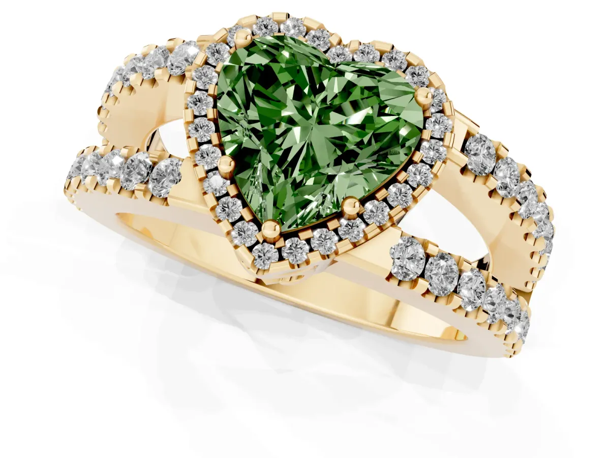 Fancy Green Heart Cut Cut Halo Split Shank Diamond Ring with Four-Prong Setting Yellow gold