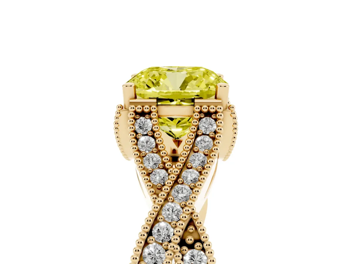 Fancy Yellow Cushion Cut Cut Diamond Twisted Band with Milgrain Pave Setting and Four-Prong Setting Yellow gold