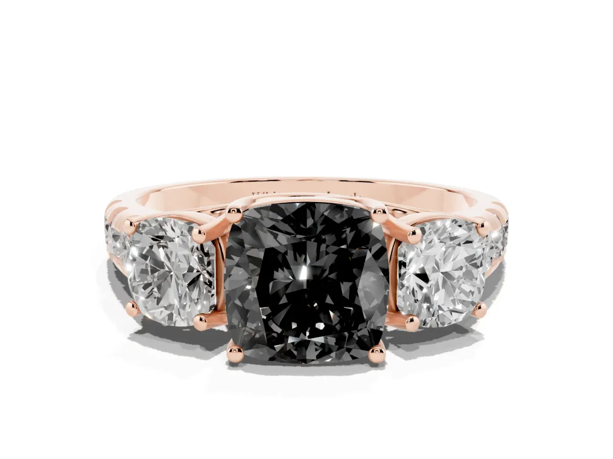 Fancy Black Three-Stone Cushion Cut Diamond Pavé Band with Prong Setting Rose gold