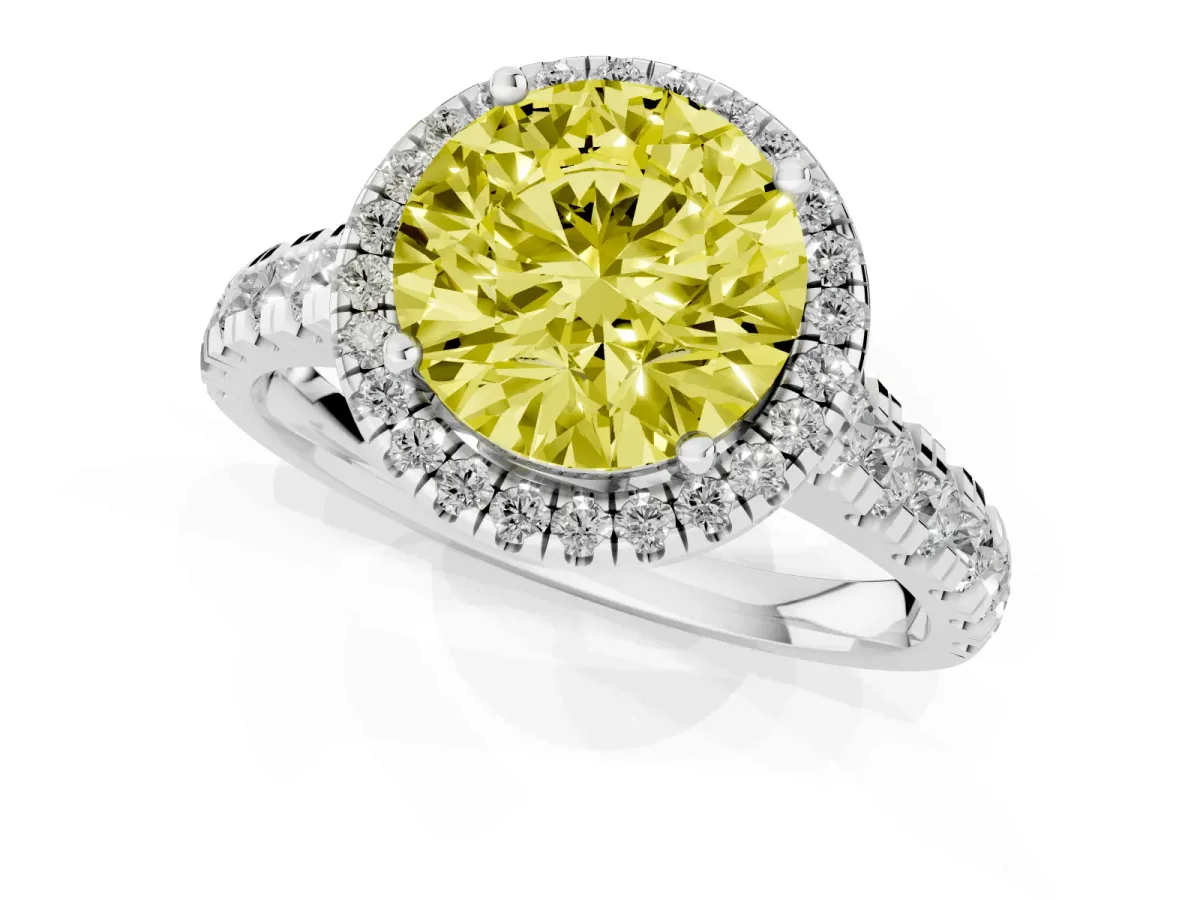 Fancy Yellow Round Cut Halo Pavé Diamond Engagement Ring with Four-Prong Setting Silver