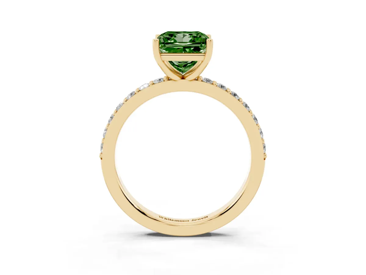 Fancy Green Princess Cut Cut Diamond Solitaire with Pave Band and Four-Prong Setting Yellow gold