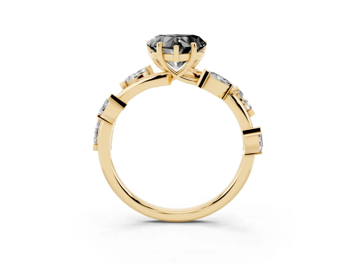 Fancy Black Heart Cut Solitaire Twisted Band Marquise Accent Prong Setting Ring Yellow gold