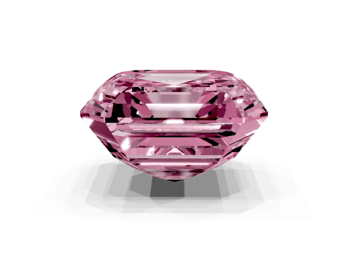 Fancy Pink Asscher Cut Halo Diamond Ring with Milgrain Edge and Round Prong Setting Yellow gold