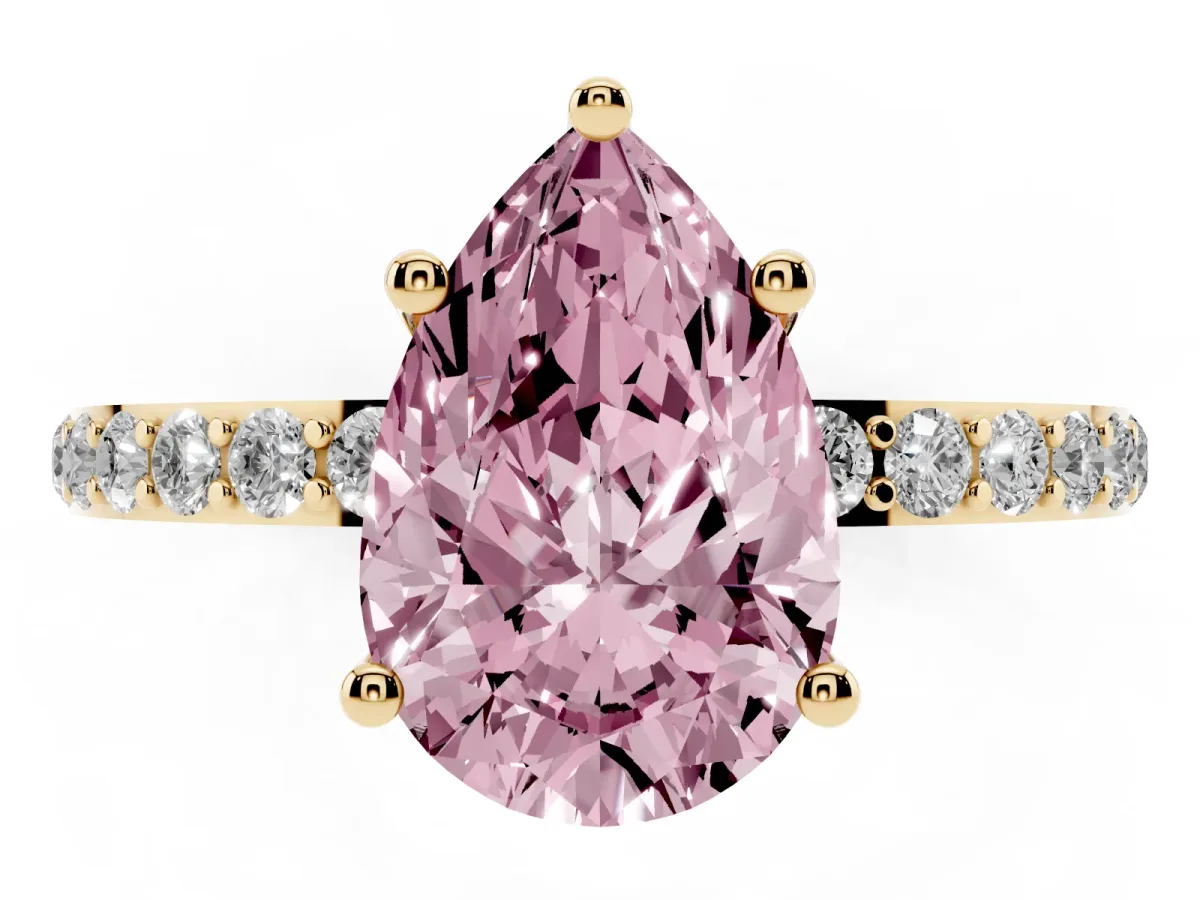 Fancy Pink Pear Cut Diamond Solitaire Ring with Round Pavé Shoulders and Prong Setting Yellow gold