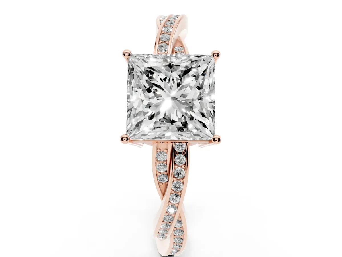 Princess Cut Solitaire Twisted Pave Diamond Ring with Four-Prong Setting Rose gold