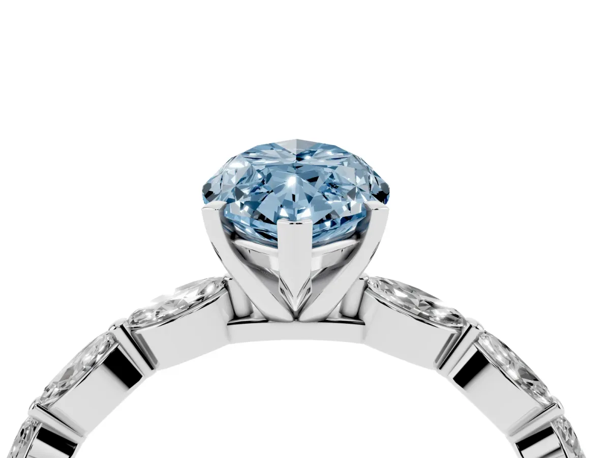 Fancy Blue Marquise Cut Diamond Ring with Marquise Side Stones and Prong Setting White gold