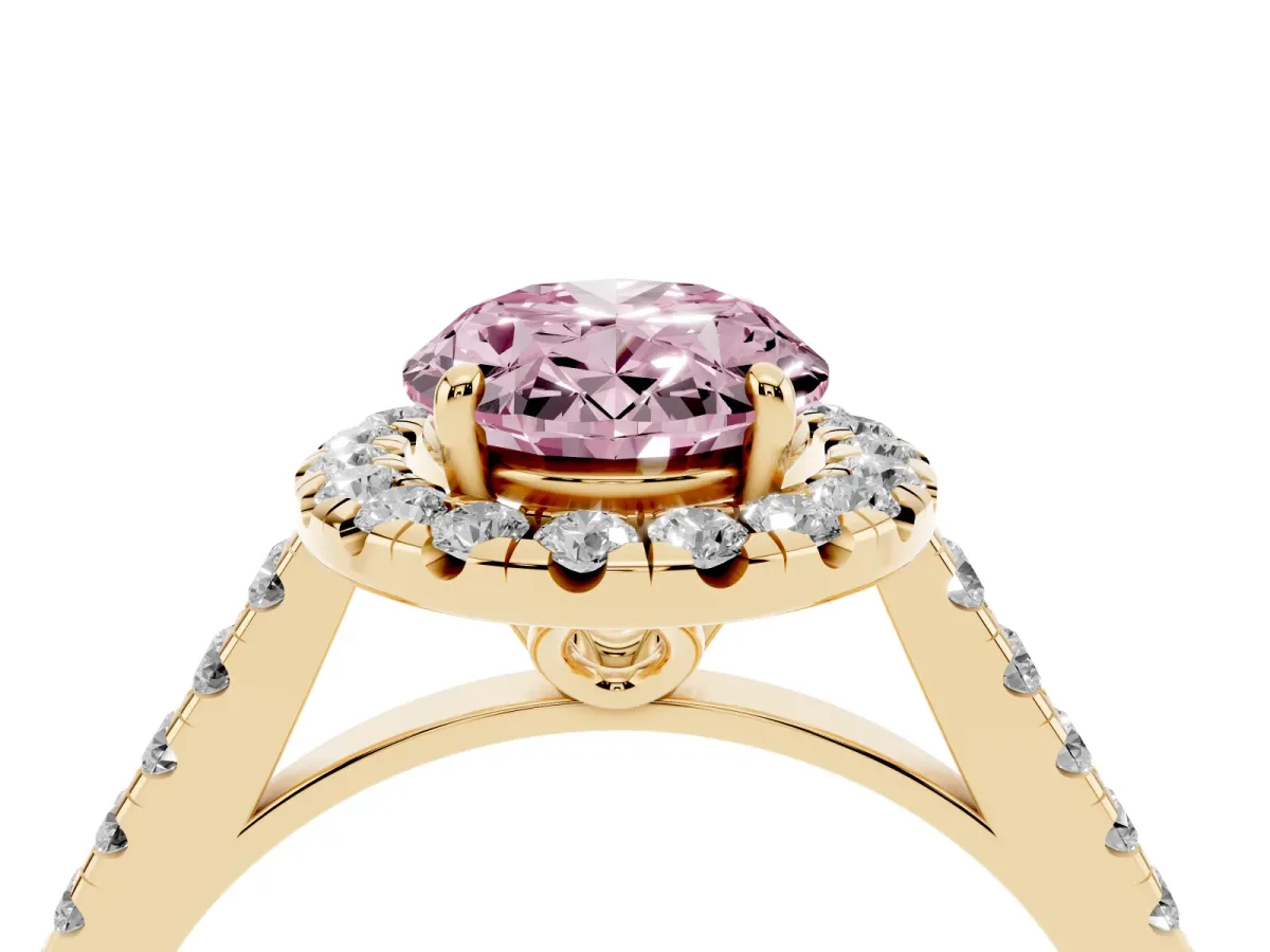 Fancy Pink Oval Cut Halo Pavé Diamond Engagement Ring with Four-Prong Setting Yellow gold