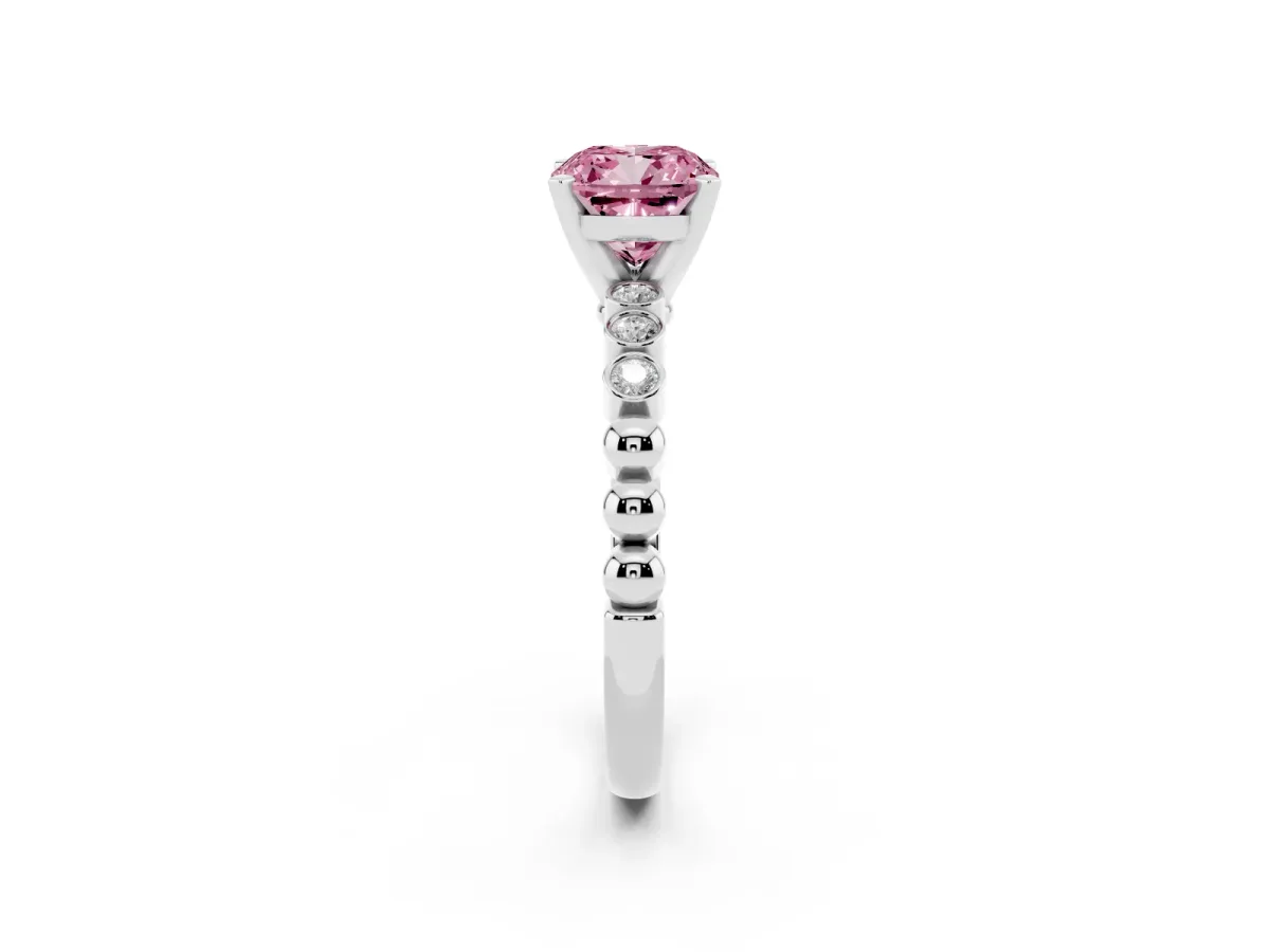 Fancy Pink Cushion Cut Solitaire Bezel Accent Diamond Engagement Ring with Beaded Band and Four-Prong Setting Platinum