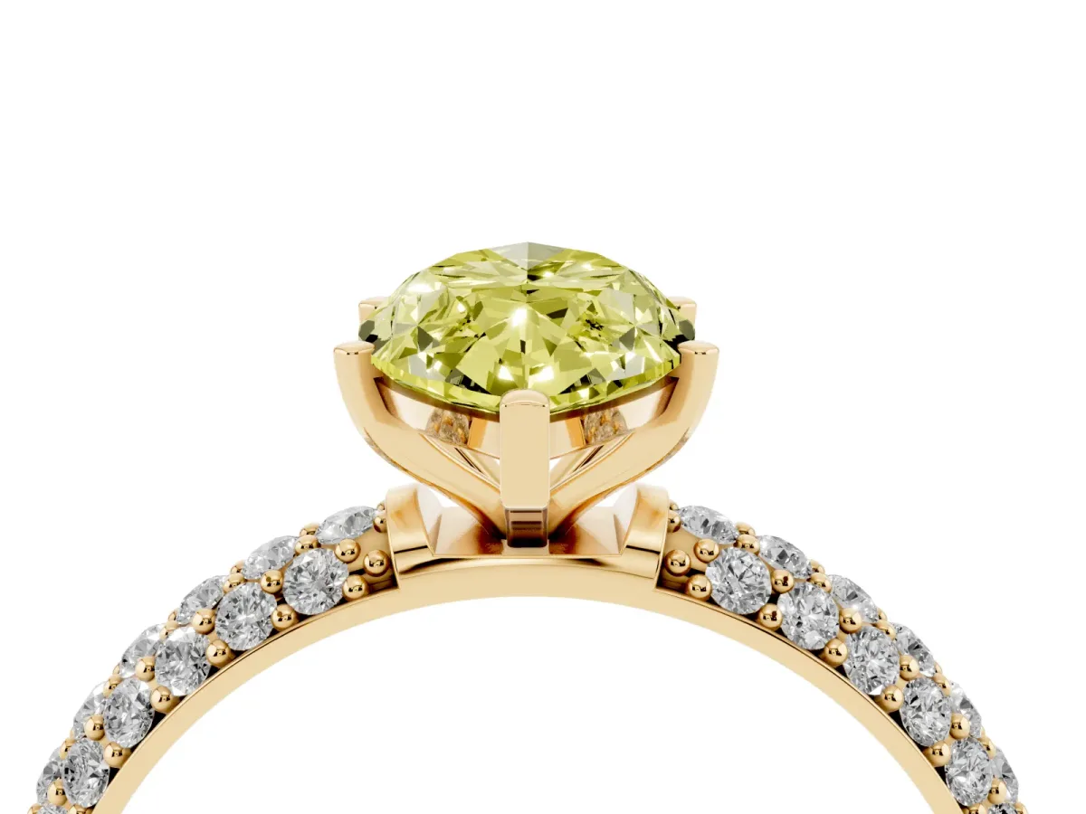 Fancy Yellow Marquise Cut Diamond Solitaire Ring with Prong Setting and Pavé Band Yellow gold