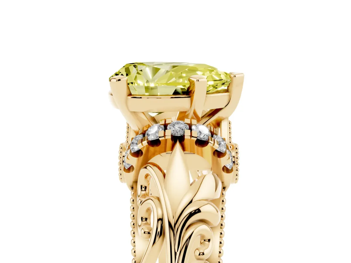 Fancy Yellow Pear Cut Solitaire Filigree Engagement Ring with Halo and Prong Setting Yellow gold