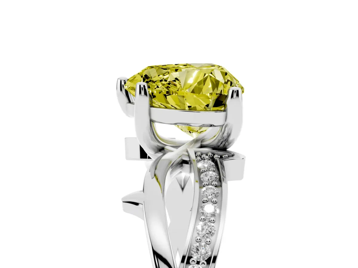 Fancy Yellow Heart Cut Solitaire Twist Band with Pavé Accents and Four-Prong Setting Silver