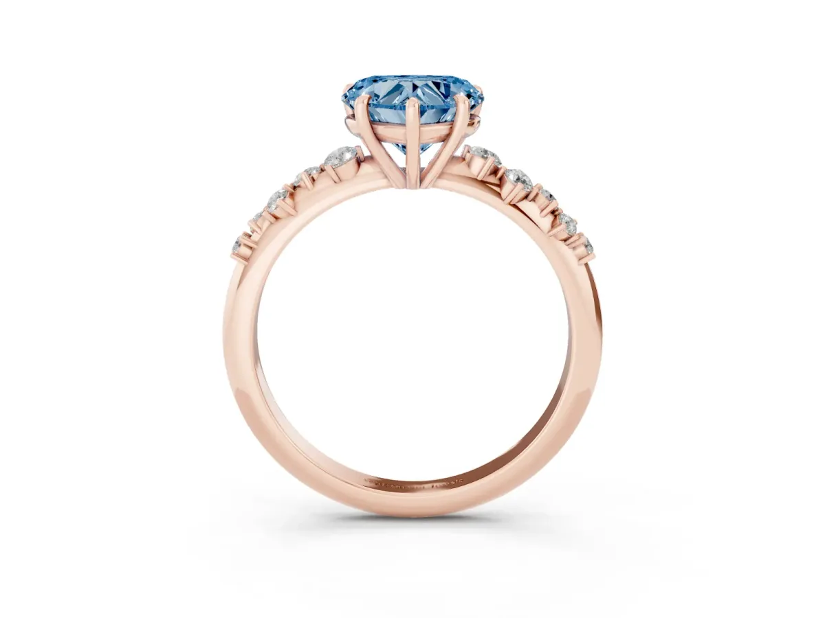 Fancy Blue Heart Cut Diamond Cluster Side Stone Solitaire Ring with Prong Setting Rose gold