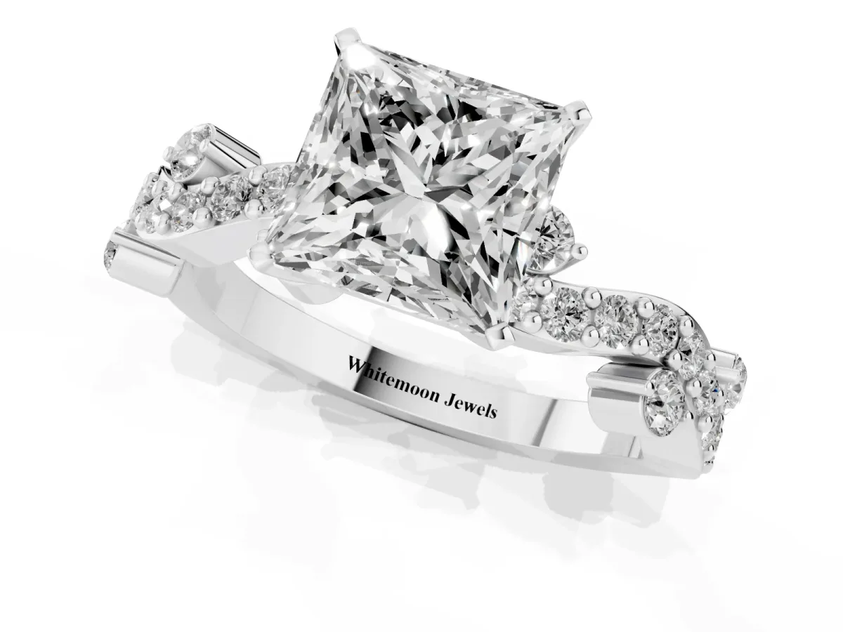 Princess Cut Cut Solitaire Diamond Twisted Band with Pave Setting Platinum