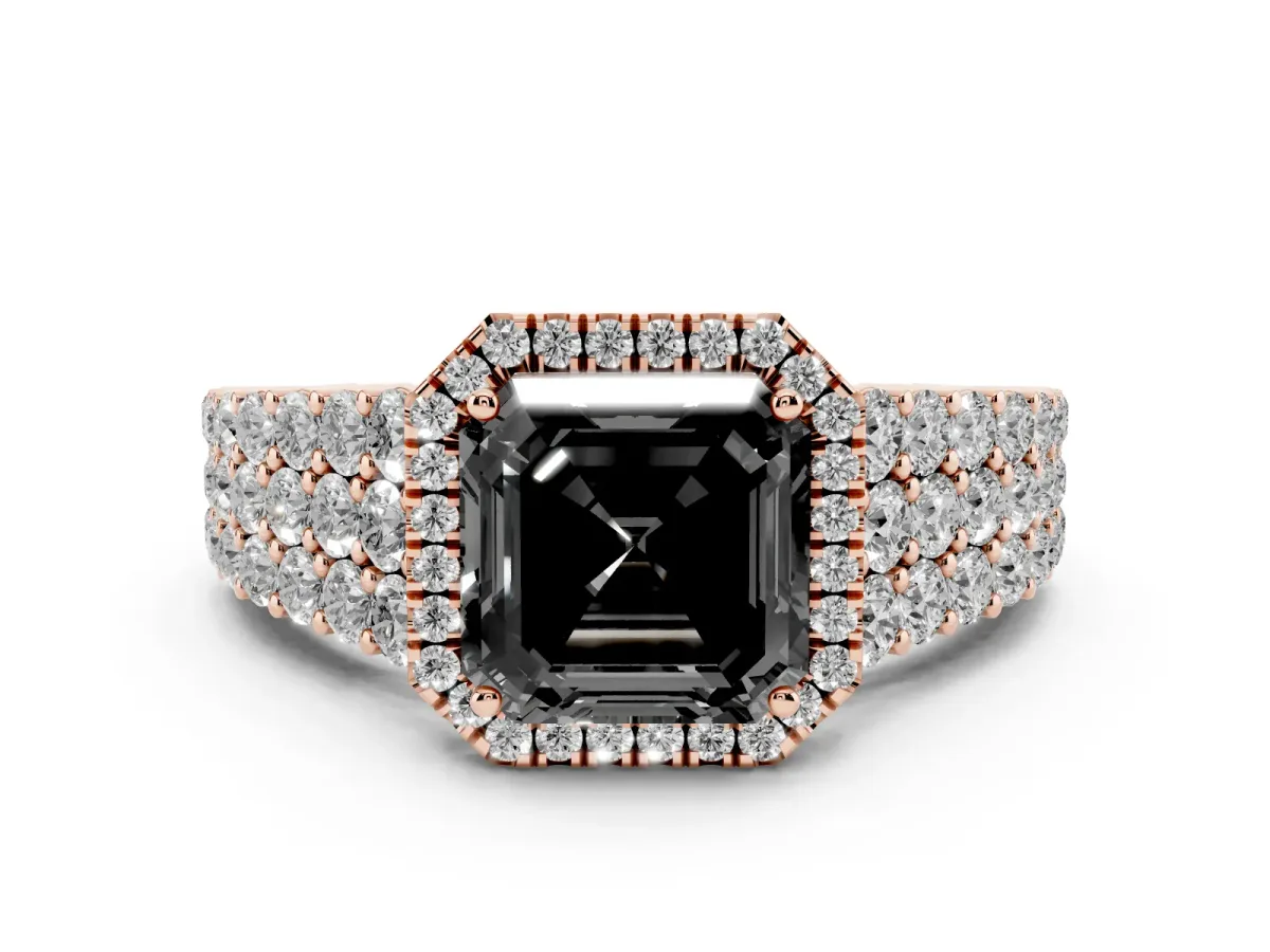 Fancy Black Asscher Cut Diamond Halo Engagement Ring with Triple Row Round Pavé Band and Prong Setting Rose gold