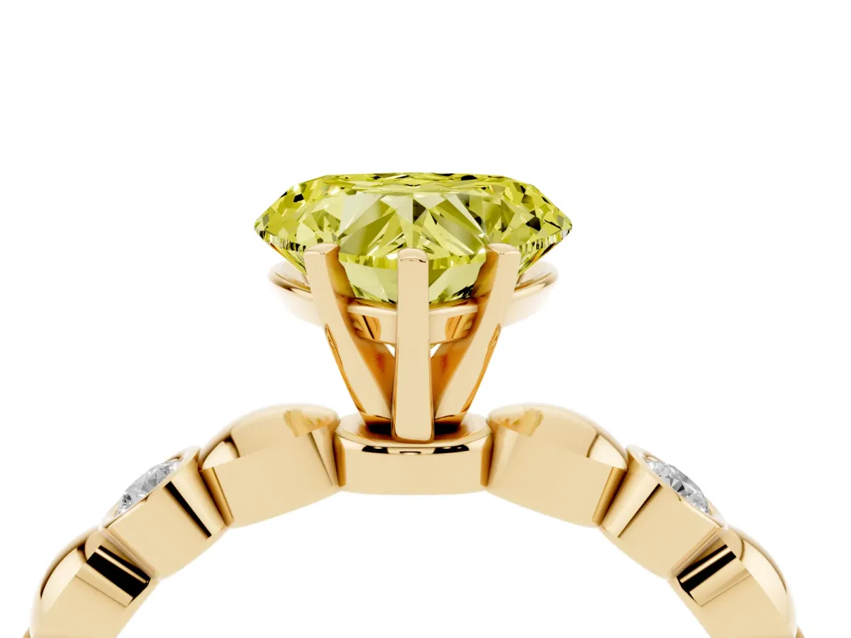 Fancy Yellow Heart Cut Solitaire Bezel-Set Diamond Ring with Beaded Band and Four-Prong Setting Yellow gold