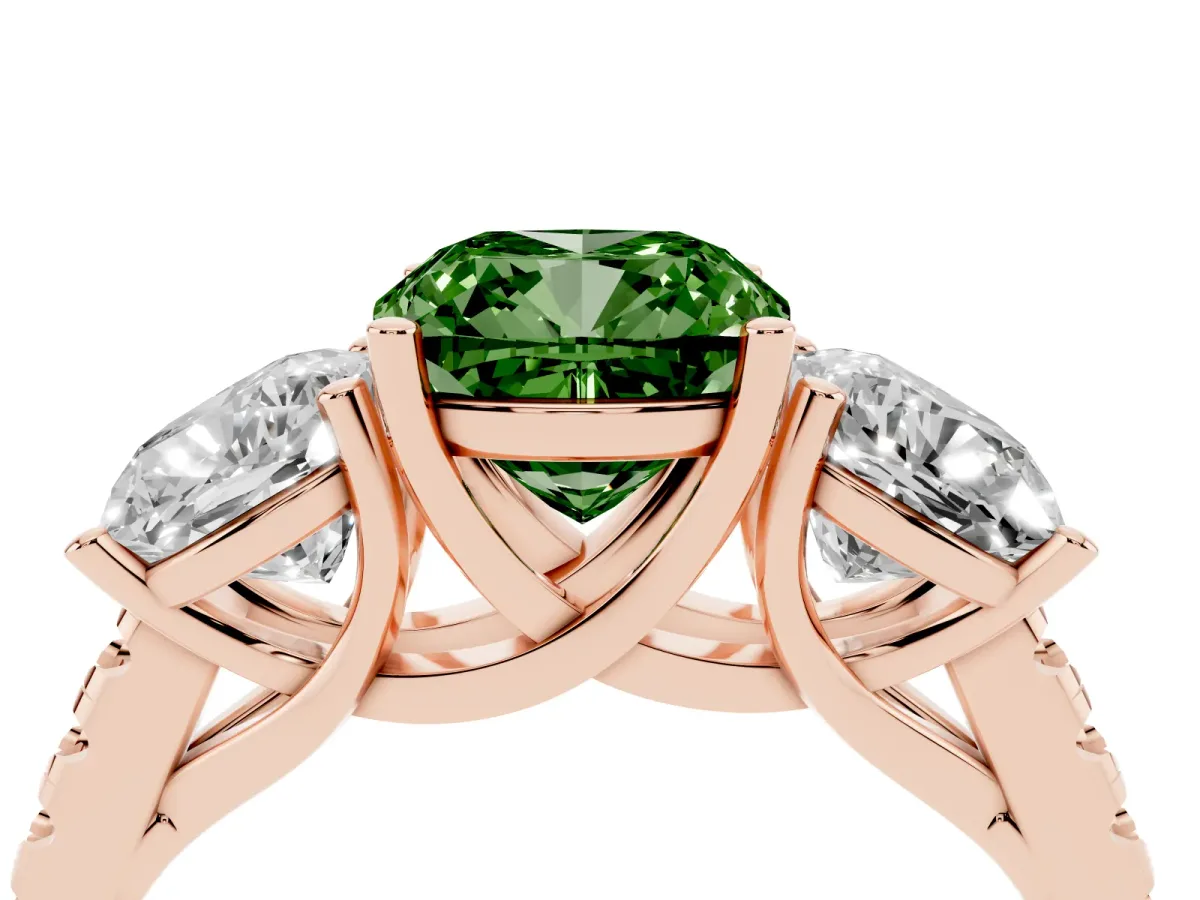Fancy Green Three-Stone Cushion Cut Diamond Ring with Round Pavé Band and Prong Setting Rose gold