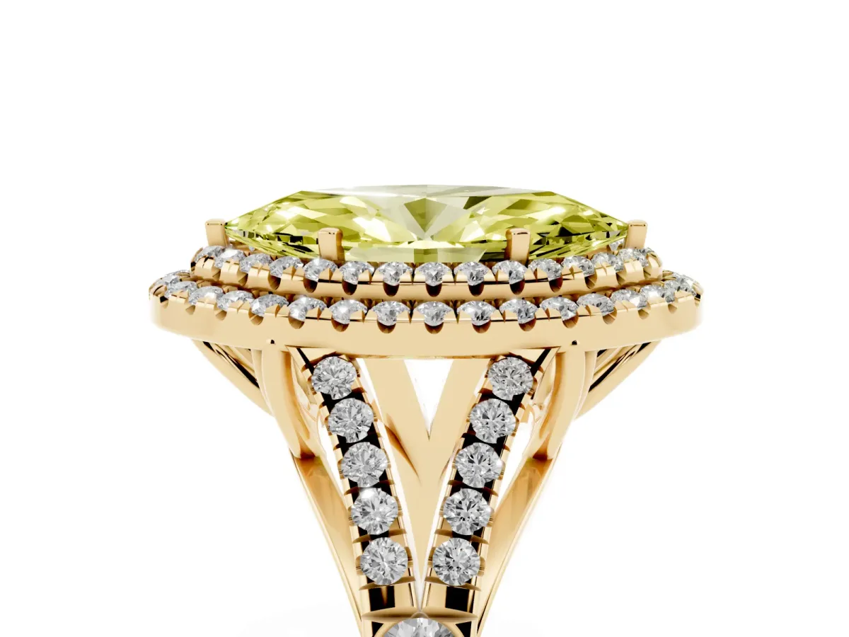 Fancy Yellow Double Halo Marquise Cut Diamond Split Shank Engagement Ring with Four-Prong Setting Yellow gold