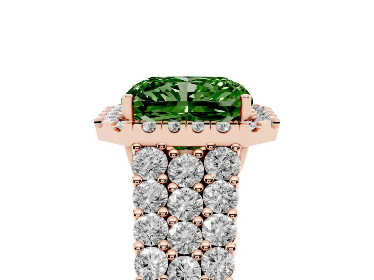 Fancy Green Radiant Cut Diamond Halo Engagement Ring with Triple Row Round Pavé Band and Prong Setting Rose gold