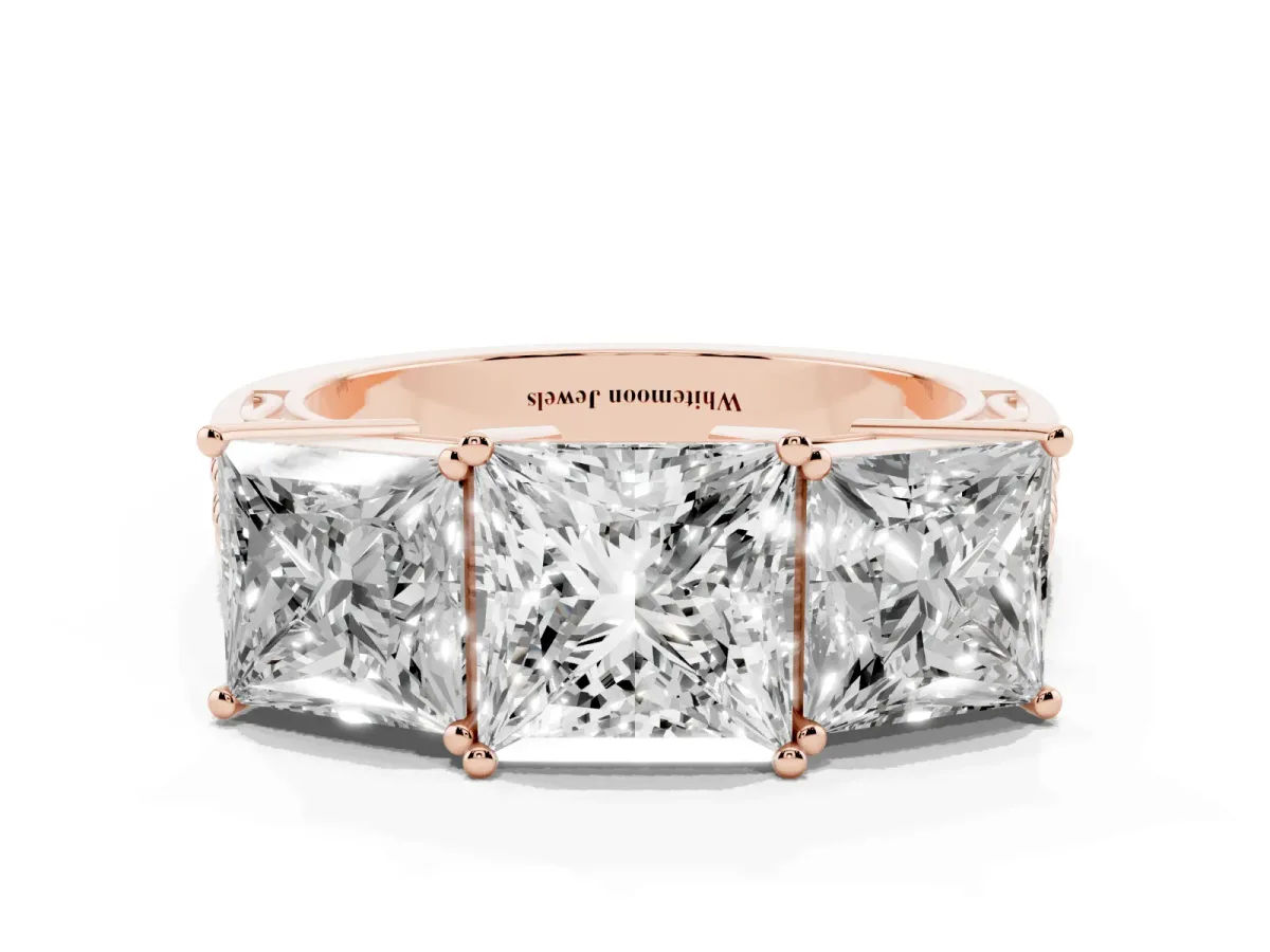 Princess Cut Diamond Three-Stone Ring with Prong Setting and Textured Band Rose gold