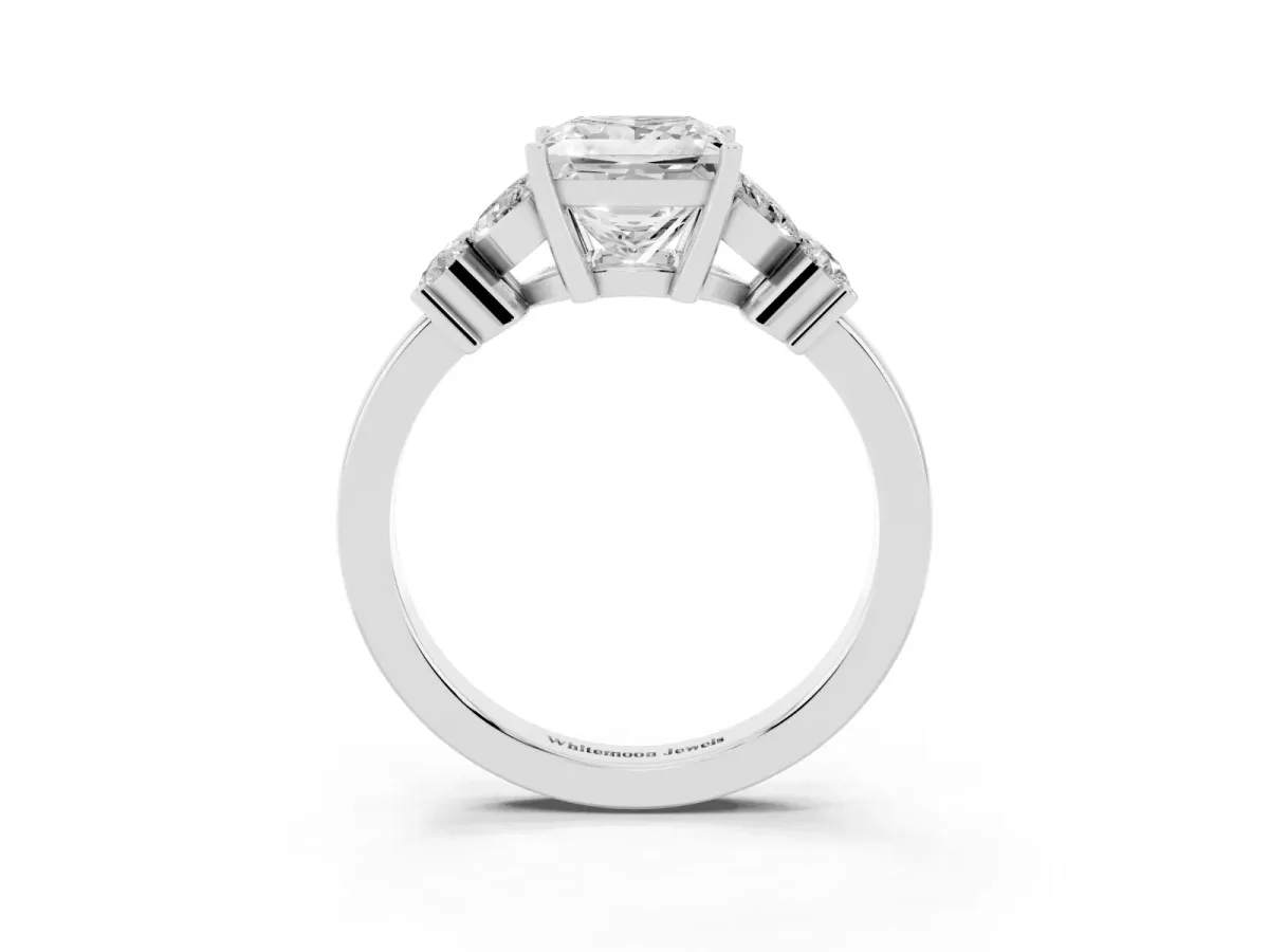 Princess Cut Diamond Floral Cluster Ring with Solitaire Band and Prong Setting Platinum