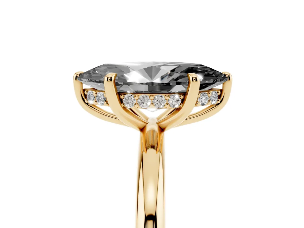 Fancy Black Marquise Cut Diamond Solitaire Ring with Thin Band and Four-Prong Setting Yellow gold