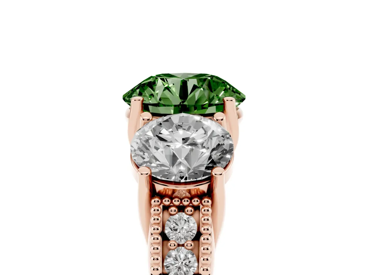 Fancy Green Three-Stone Round Cut Cut Milgrain Pavé Engagement Ring Rose gold