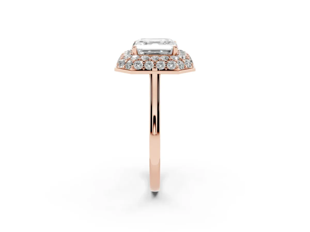 Asscher Cut Halo Diamond Engagement Ring with Solitaire Band and Four-Prong Setting Rose gold