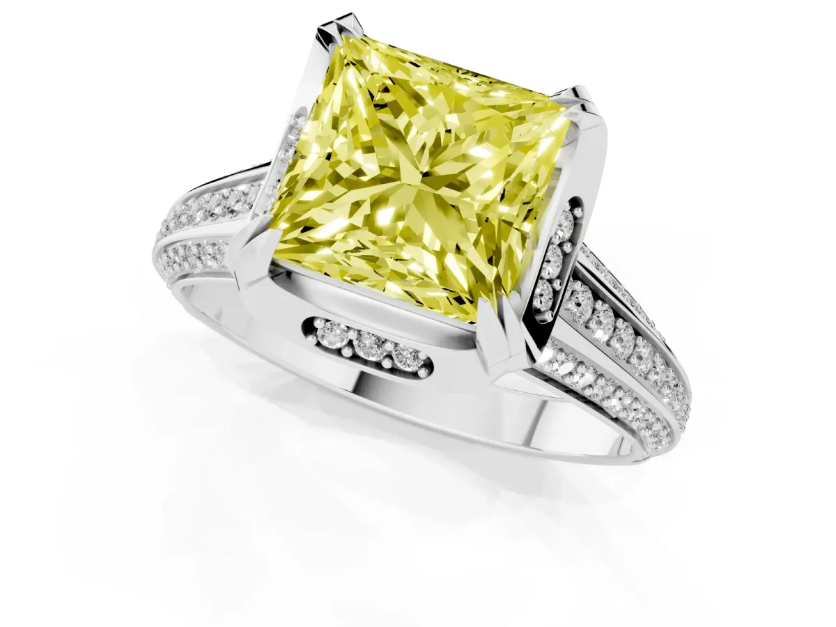 Fancy Yellow Princess Cut Solitaire Pave Split Shank Ring with Four-Prong Setting Silver