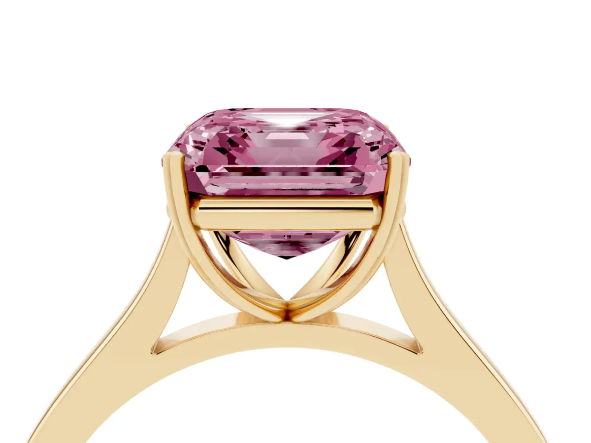 Fancy Pink Asscher Cut Solitaire Heart Prong Engagement Ring with Tapered Band Yellow gold