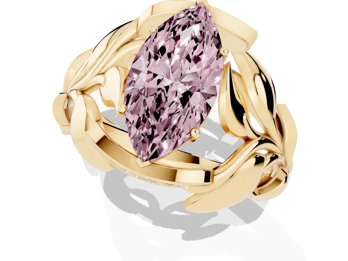 Fancy Pink Marquise Cut Diamond Leaf-Inspired Engagement Ring with Round Accents and Prong Setting Yellow gold