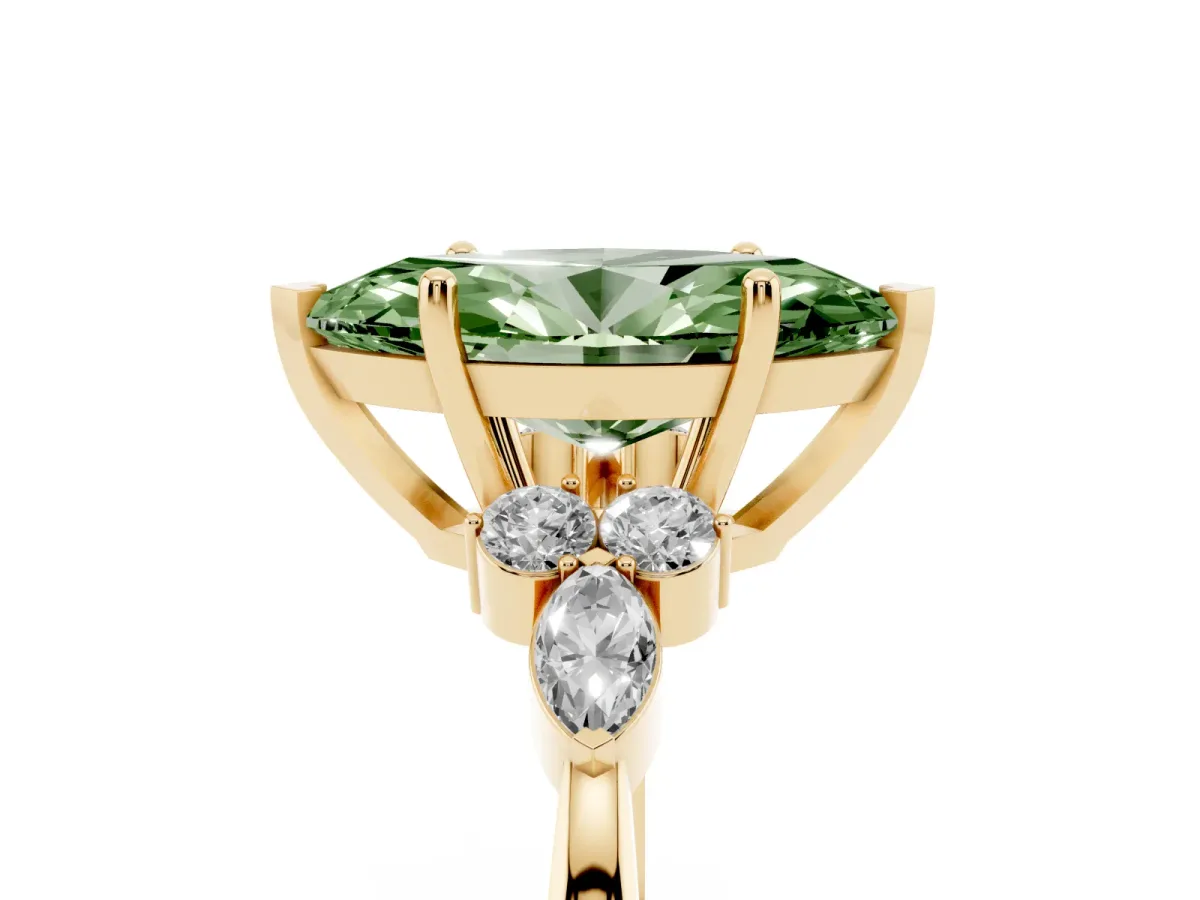 Fancy Green Marquise Cut Brilliant Diamond Solitaire Ring with Pear Side Stones and Four-Prong Setting Yellow gold