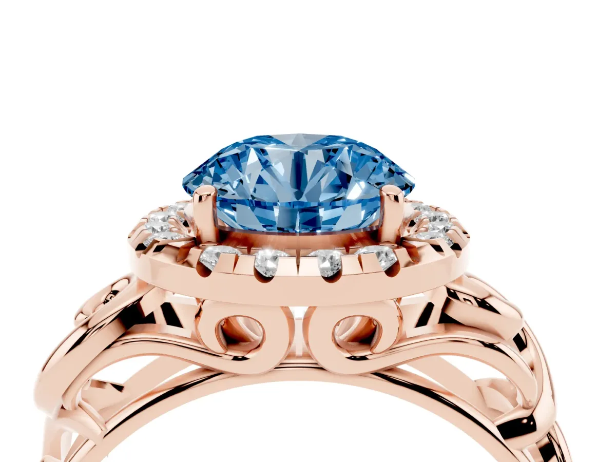 Fancy Blue Round Cut Cut Halo Diamond Ring with Scrollwork Band and Four-Prong Setting Rose gold