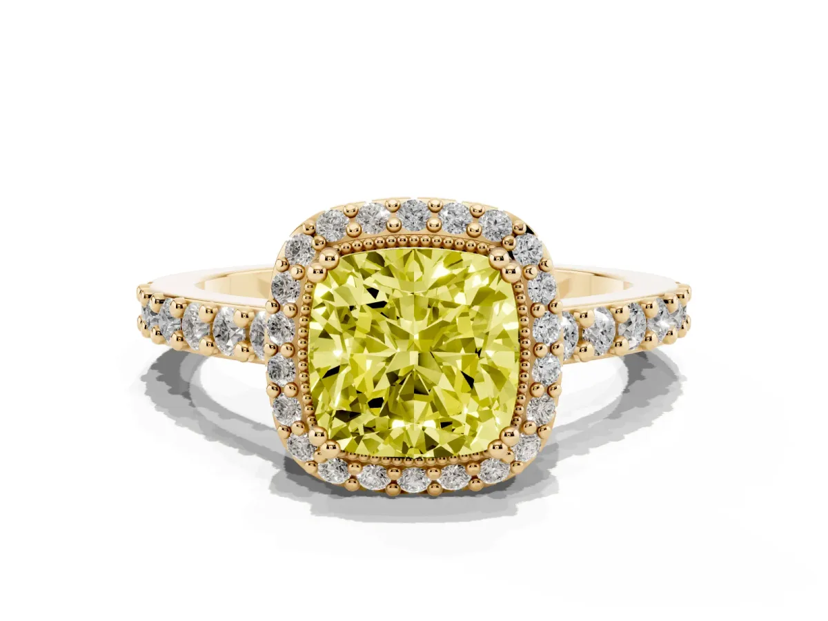 Fancy Yellow Cushion Cut Cut Diamond Halo Engagement Ring with Milgrain Detail and Pavé Band Yellow gold