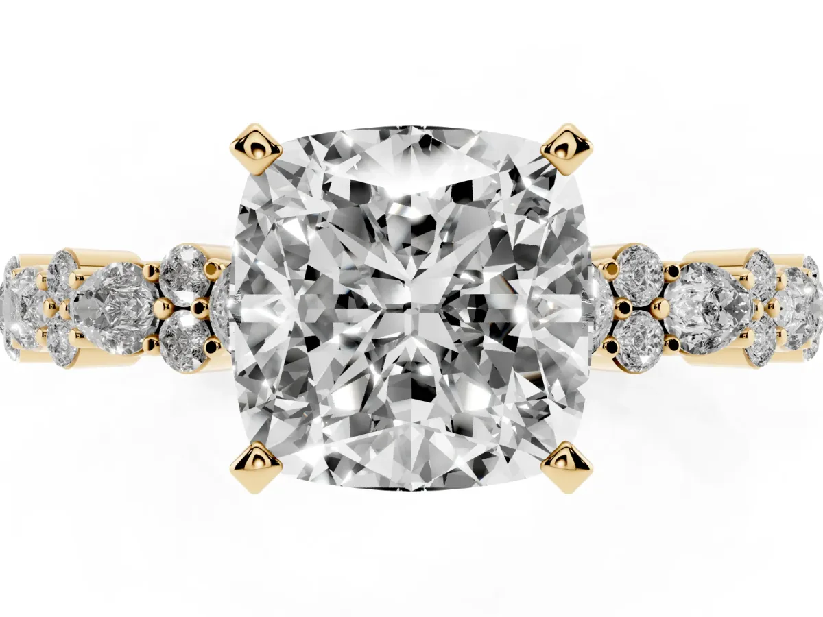 Cushion Cut Diamond Side Stone Solitaire Ring with Round and Four-Prong Setting Yellow gold