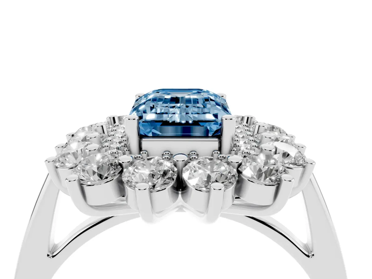Fancy Blue Emerald Cut Diamond Floral Double Halo Engagement Ring with Prong Setting Silver