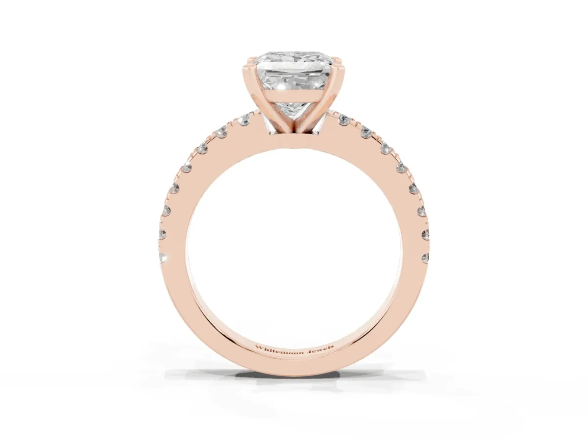 Princess Cut Solitaire Diamond with Pavé Band and Four-Prong Setting Rose gold